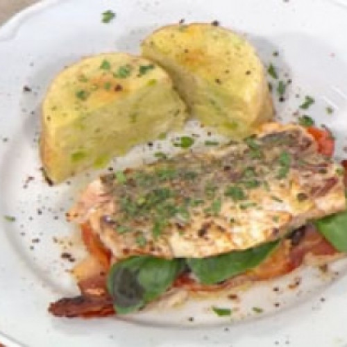 Corvina al limón con flan de puerro