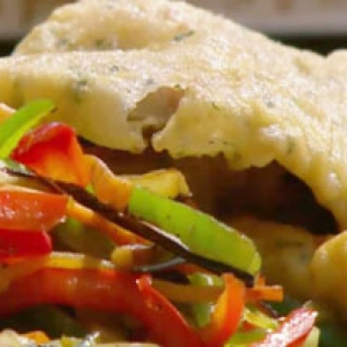 Escalopes marinera con vegetales asados