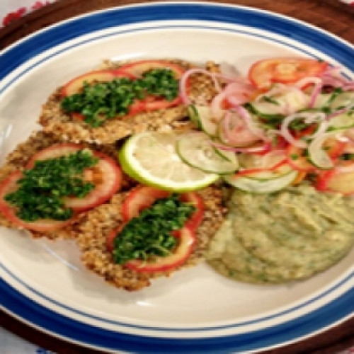 Milanesas de cerdo con puré de berenjenas