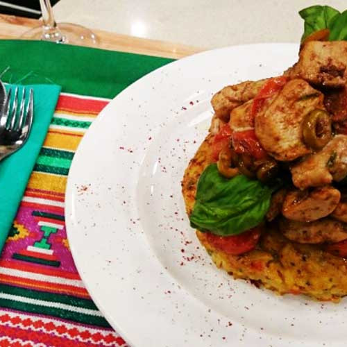 Pollo a la aceituna con tortilla de arroz