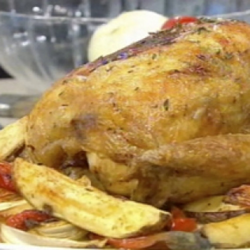 Pollo al horno con papas y batatas