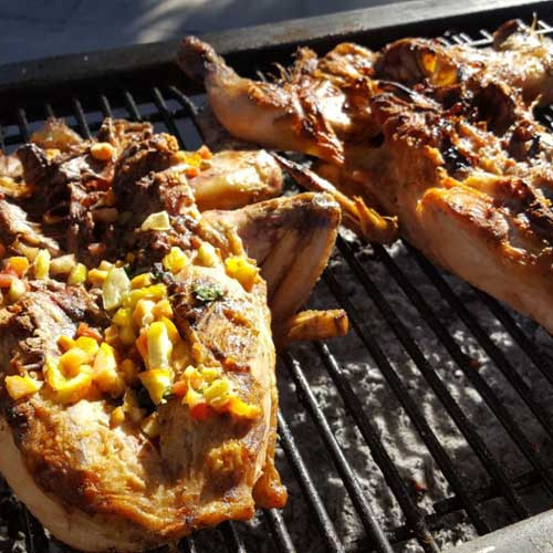 Pollo cítrico a la rana con berenjenas asadas