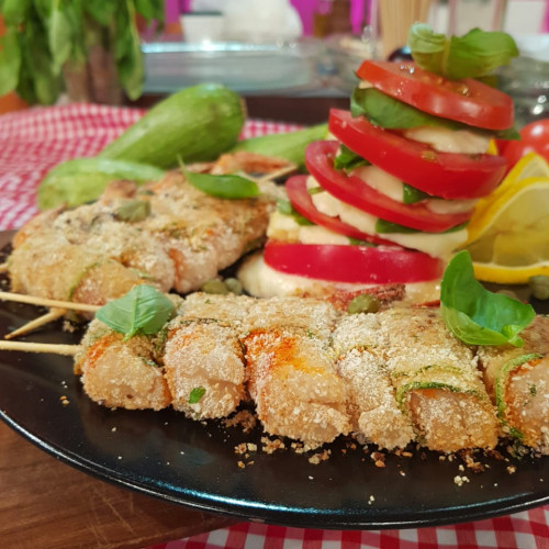 Brochette de langostinos en zucchinis