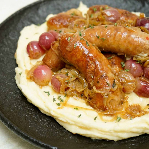 CHORIZO CON UVAS Y PURÉ DE PAPAS