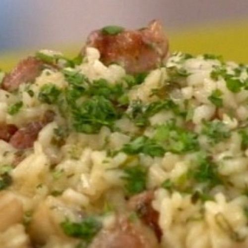 Risotto de hongos y salchicha parrillera