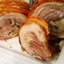 Panceta rellena con papas dauphine