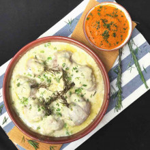 MERLUZA AL ROQUEFORT CON PURÉ DE NARANJA